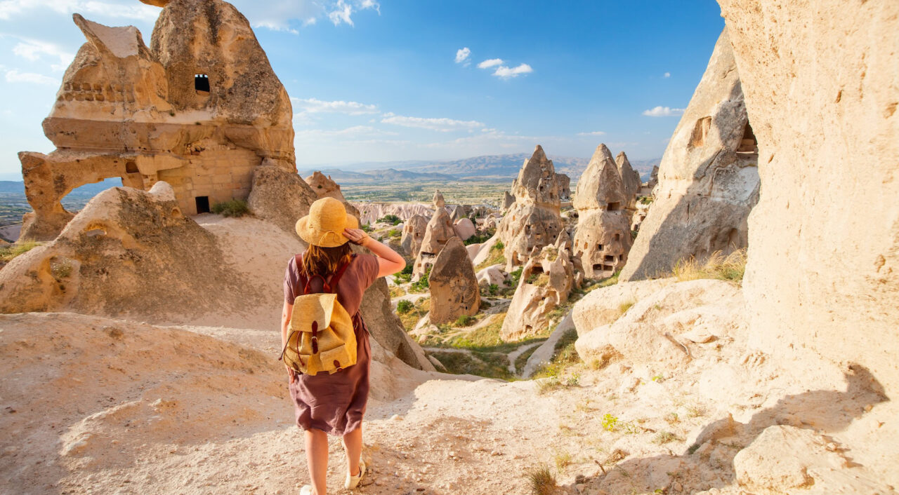 Rock formations and fairy chimneys near Uçhisar Castle, Cappadocia, Turkey