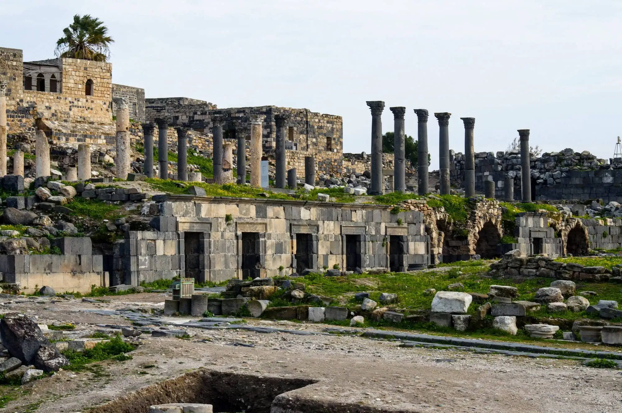 Ancient Roman ruins at Umm Qais archaeological site with stone columns and foundations