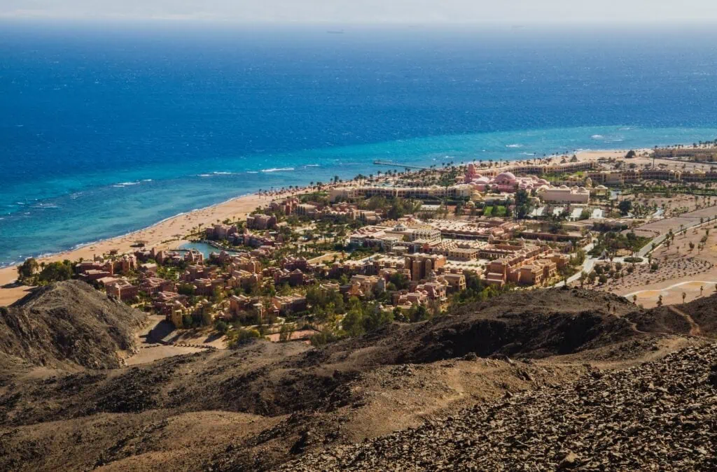 View from the Sinai desert mountains overlooking the Sofitel hotel complex near the coastline, Taba