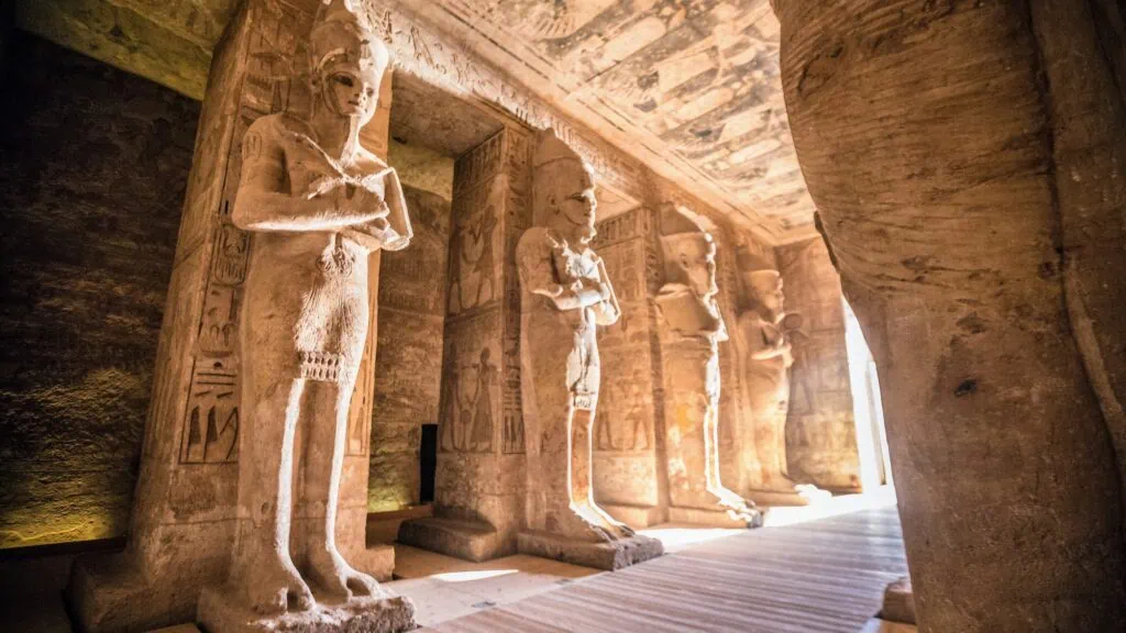Statue-lined hall inside the Great Temple of Ramses II at Abu Simbel