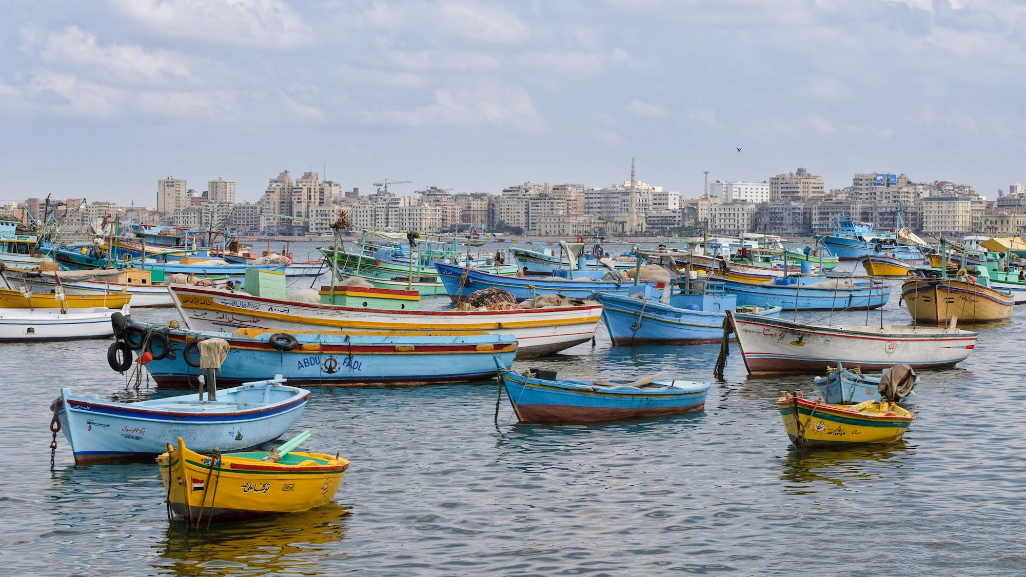 Vibrant view of Alexandria Harbor with fishing boats and cityscape