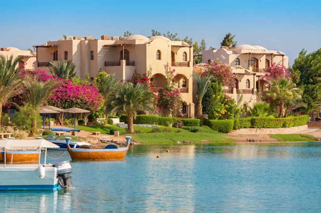 View of El Gouna resort with lagoons, villas, and marina area, El Gouna