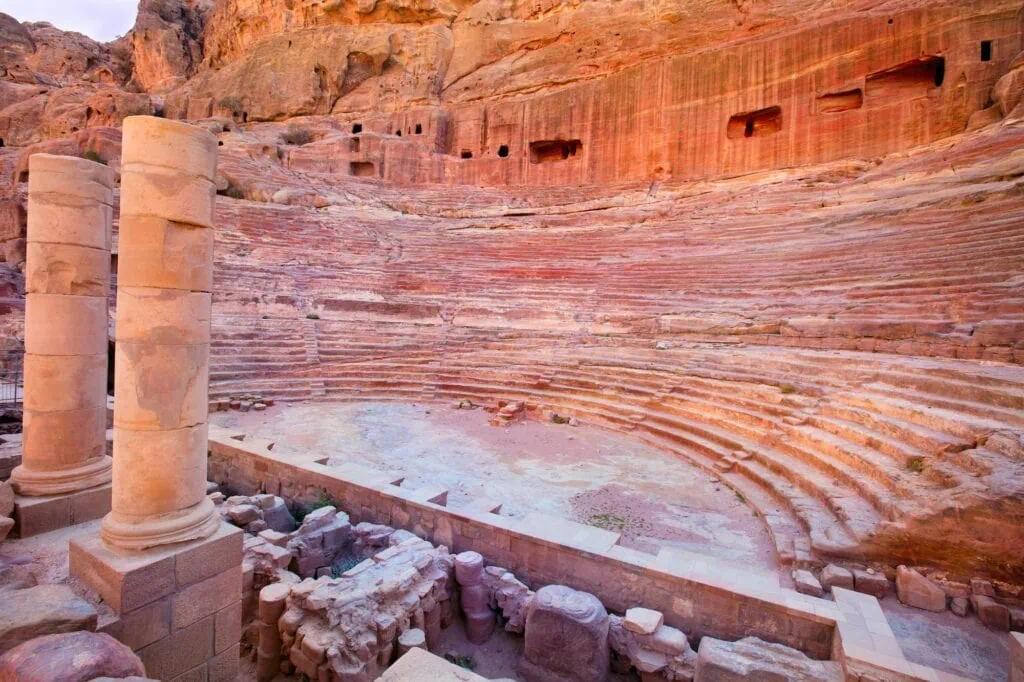 View of ancient amphitheater in Petra city Jordan