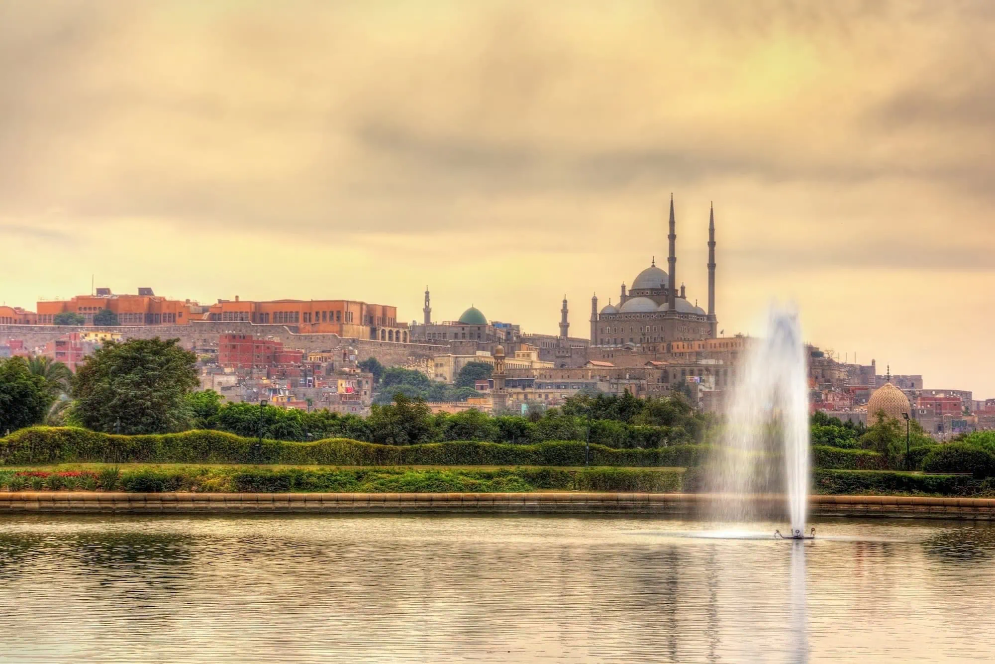 Panoramic view of Cairo's Citadel featuring Muhammad Ali Mosque with twin minarets and large dome