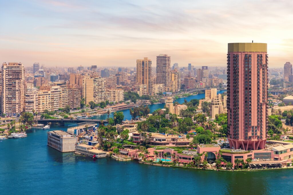 View of the Nile River with Gezira Island and surrounding cityscape, Cairo