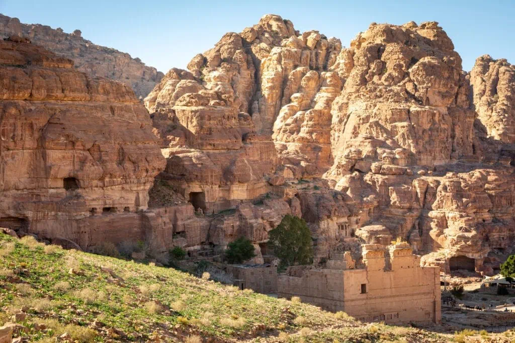 View on Petra Temple of Dushares and Bedouin caves and architecture in Jordan