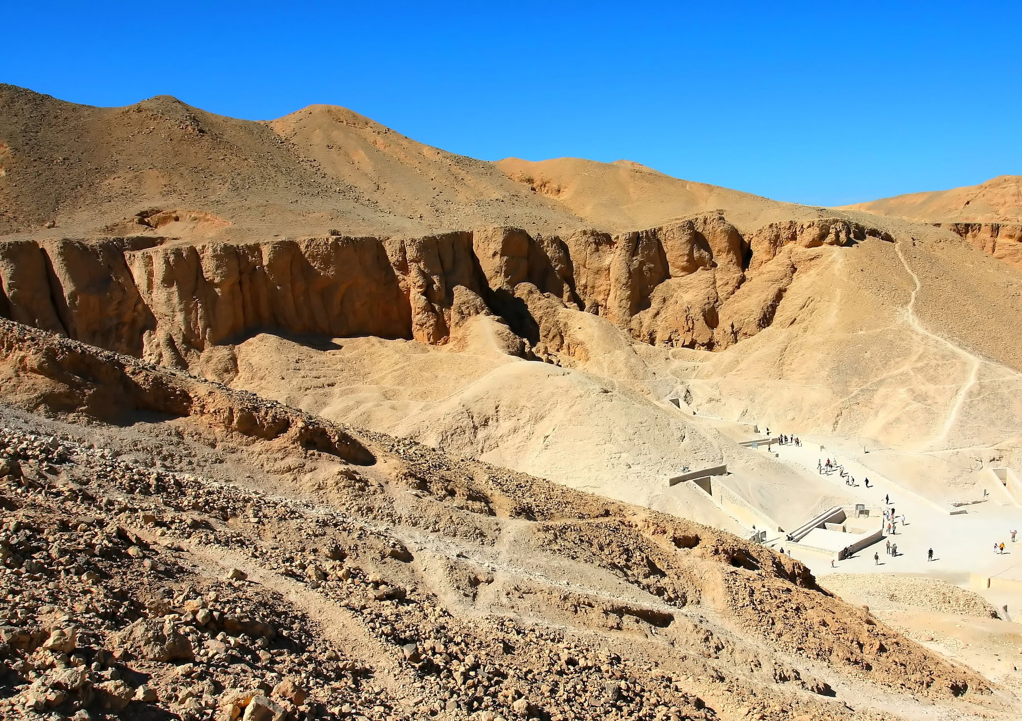 Aerial view of tourists visiting Valley of the Kings archaeological site in Luxor, Egypt