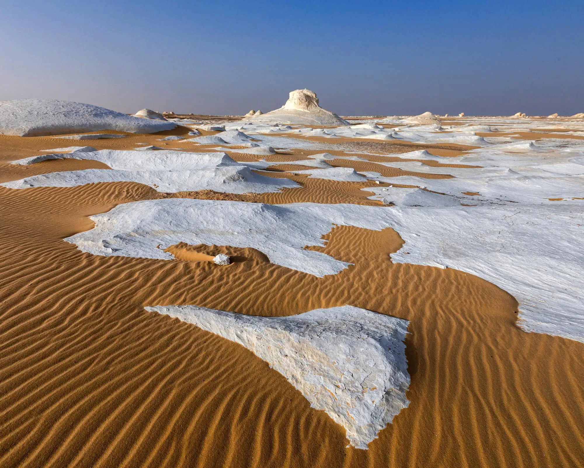 Wind-eroded white limestone formations in Egypt's White Desert National Park
