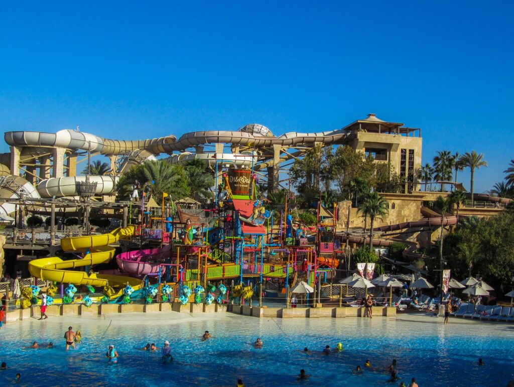 Wild Wadi Waterpark. It is an outdoor adventures water park with many slides in Dubai