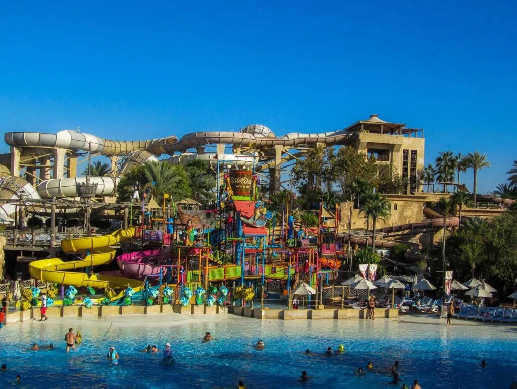 Wild Wadi Waterpark. It is an outdoor adventures water park with many slides in Dubai, United Arab Emirates