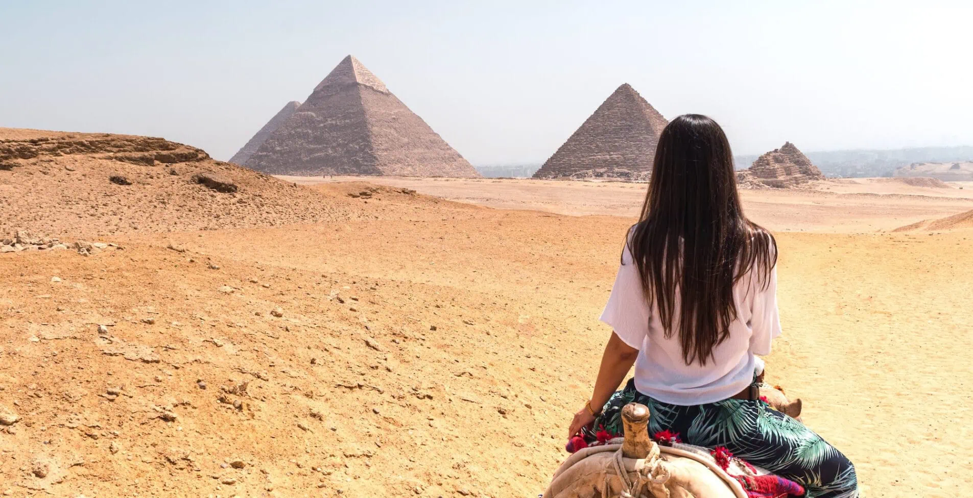 Woman with long dark hair mounted on a dromedary on her back looking at the pyramids of Egypt