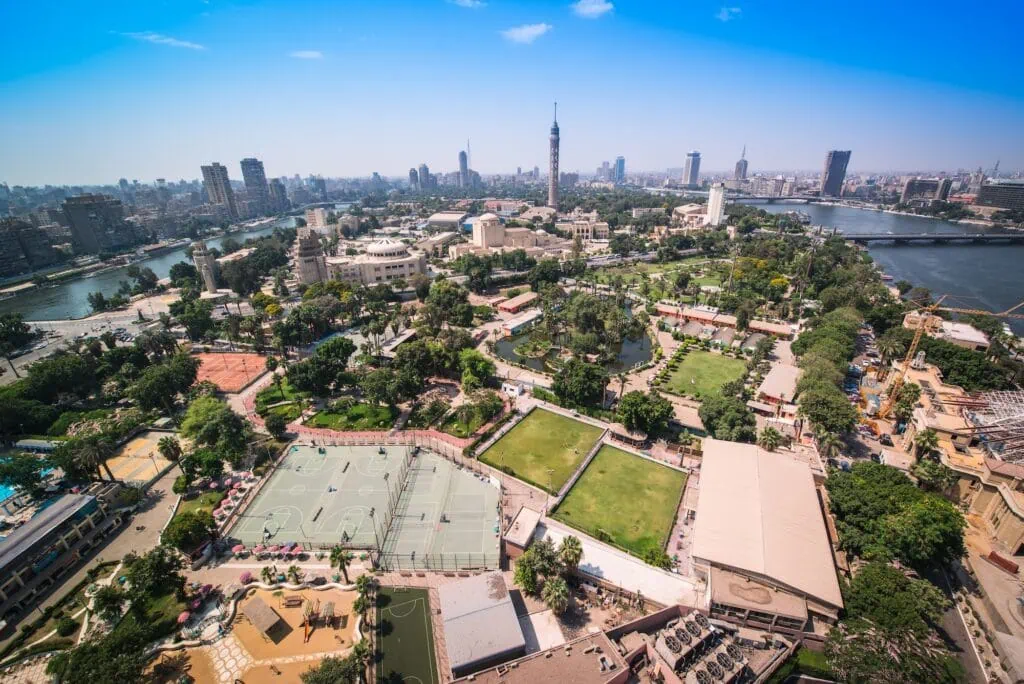 View of tree-lined streets and residential buildings on Zamalek Island under clear morning light, Zamalek Island, Cairo