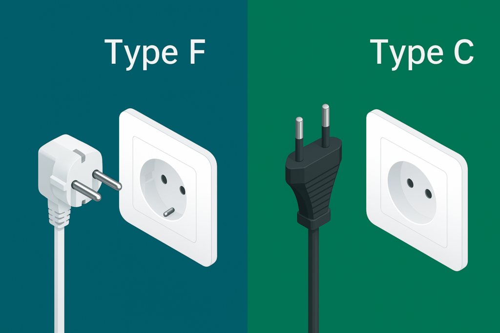 An electrical travel adapter showing the round two-pin Type C and Type F plug configurations used in Egypt.
