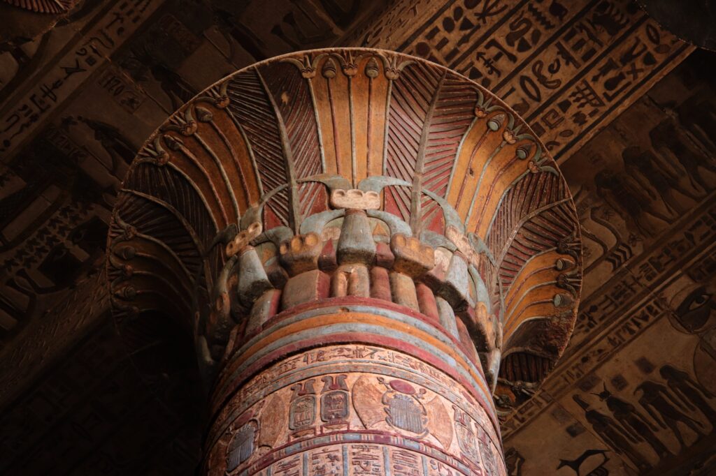 beautiful decorated columns at the temple of Khnum in Esna Luxor