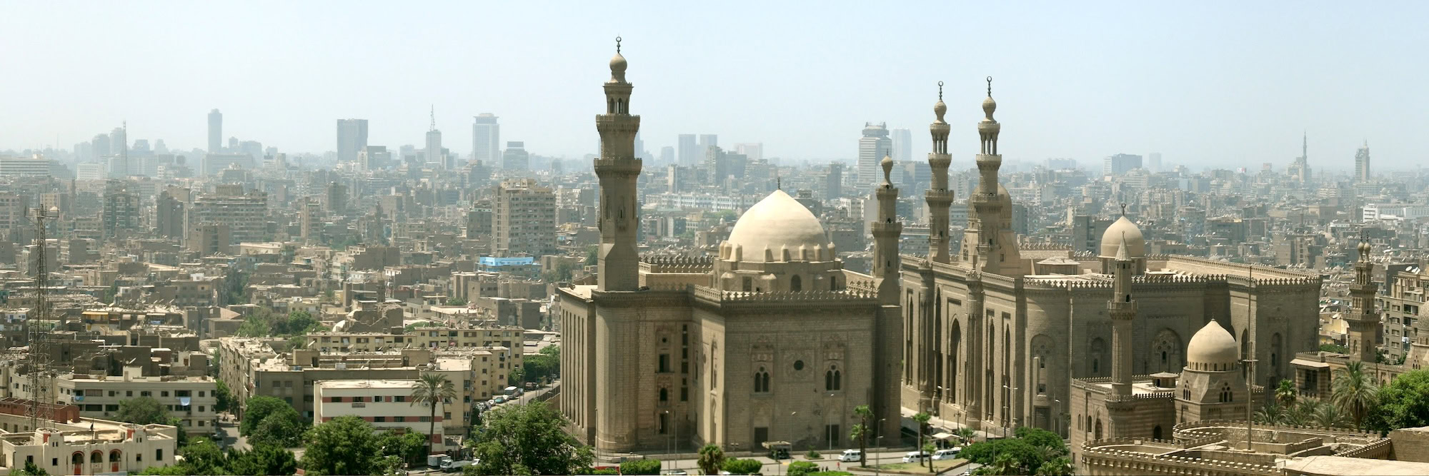 Aerial view of Sultan Hassan Mosque with surrounding mosques and Islamic architecture in Cairo