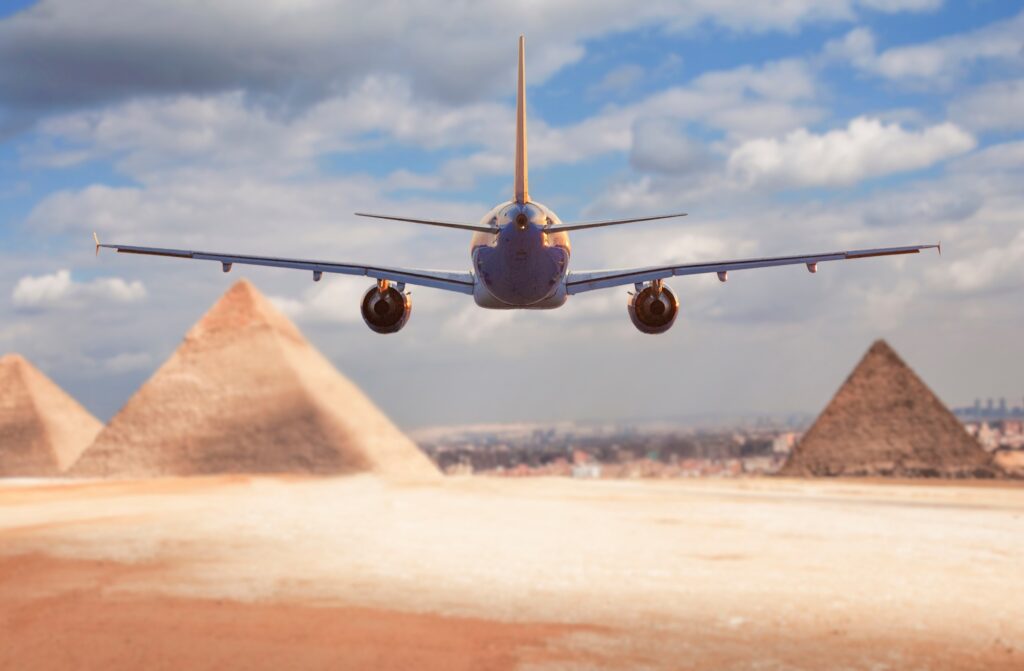 Commercial aircraft over the Giza Pyramids