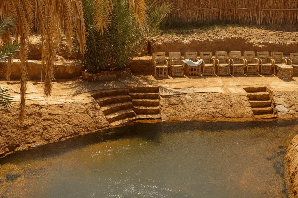 Dakhla Magic Spring in Egypt – natural hot spring surrounded by palm trees in the serene landscape of the Dakhla Oasis
