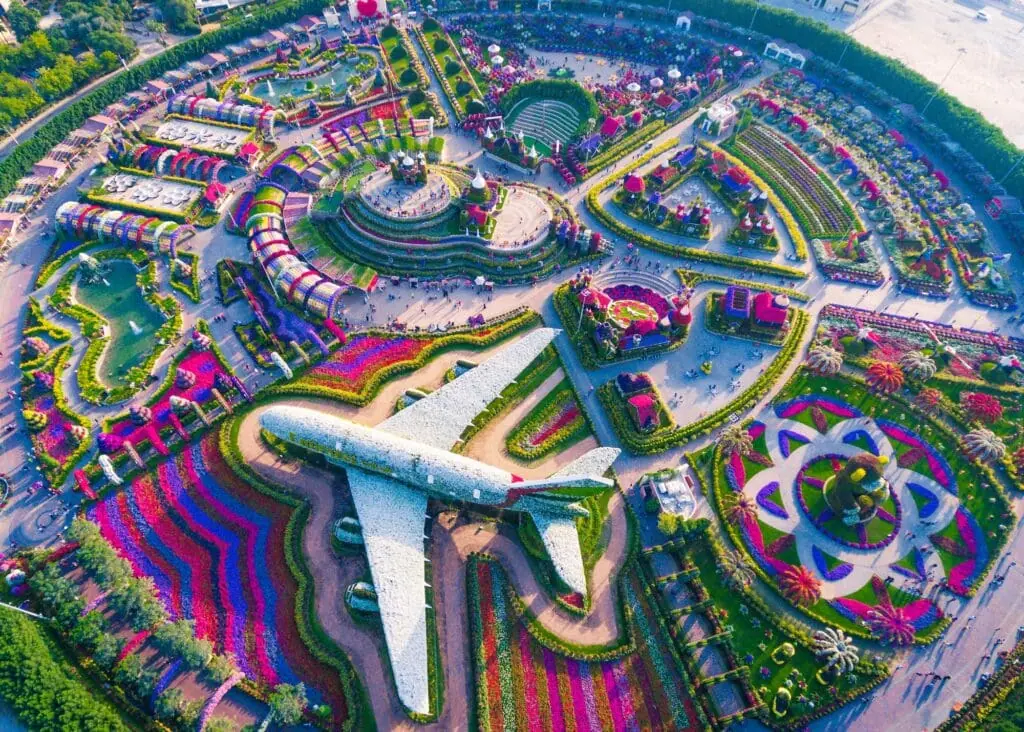 Aerial shot of a life size Emirates Airbus A380 made from flowers in the Miracle Garden, Dubai; Worlds largest natural flower garden featuring more than 100 million flowers.