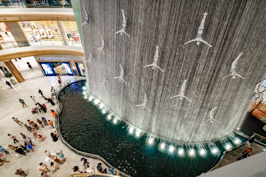 interior of Dubai Mall pearl divers waterfall