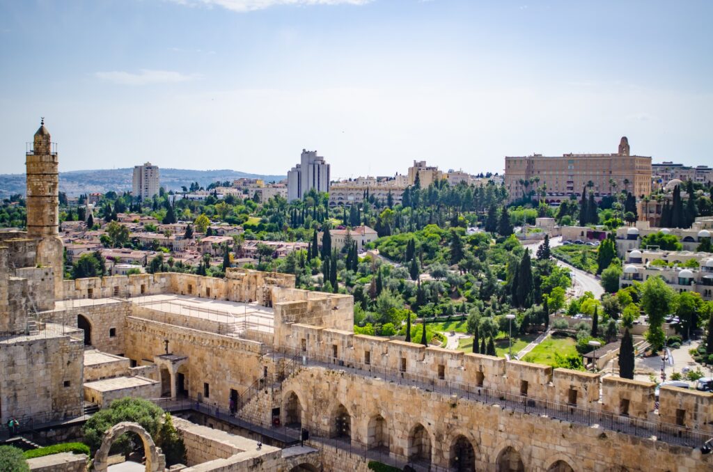 View of the Old City of Jerusalem with historic stone buildings and city walls, Jerusalem