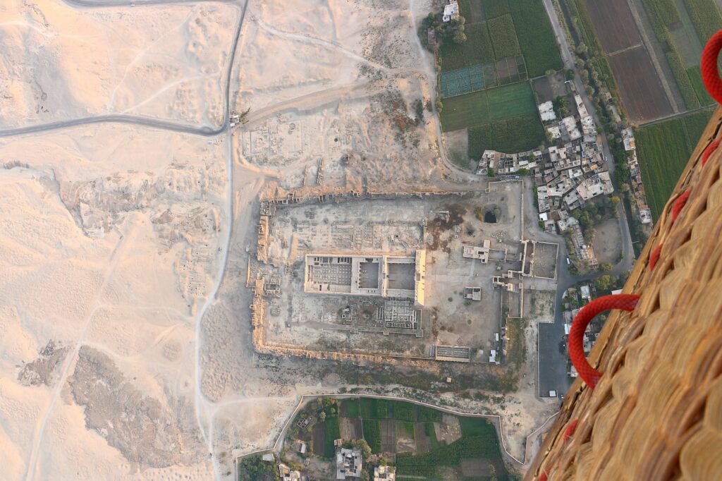 Aerial view of Medinet Habu captured from a hot air balloon
