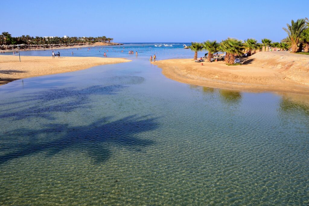 Beautiful sandy beach with clear blue water in Marsa Alam