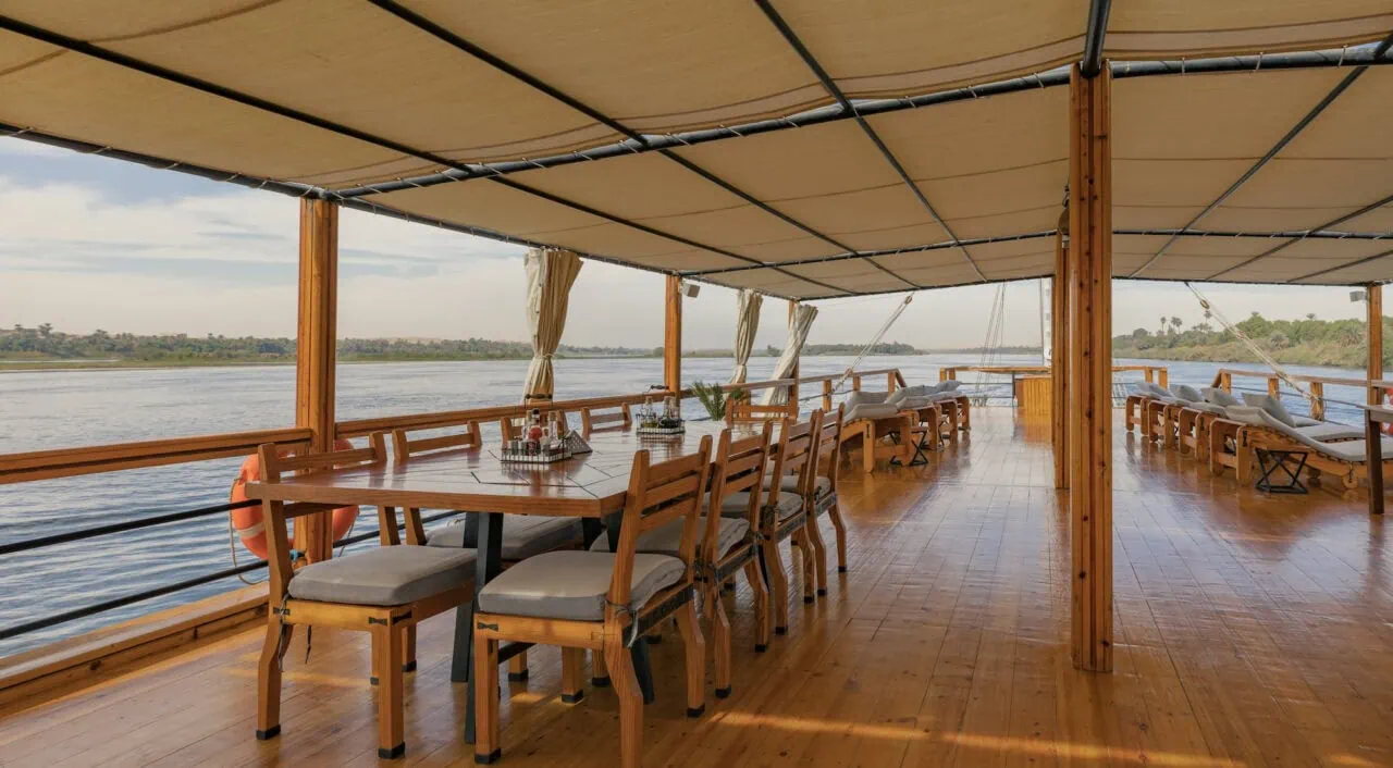 Open upper deck on Nuut or Nuun Dahabiya with shaded seating