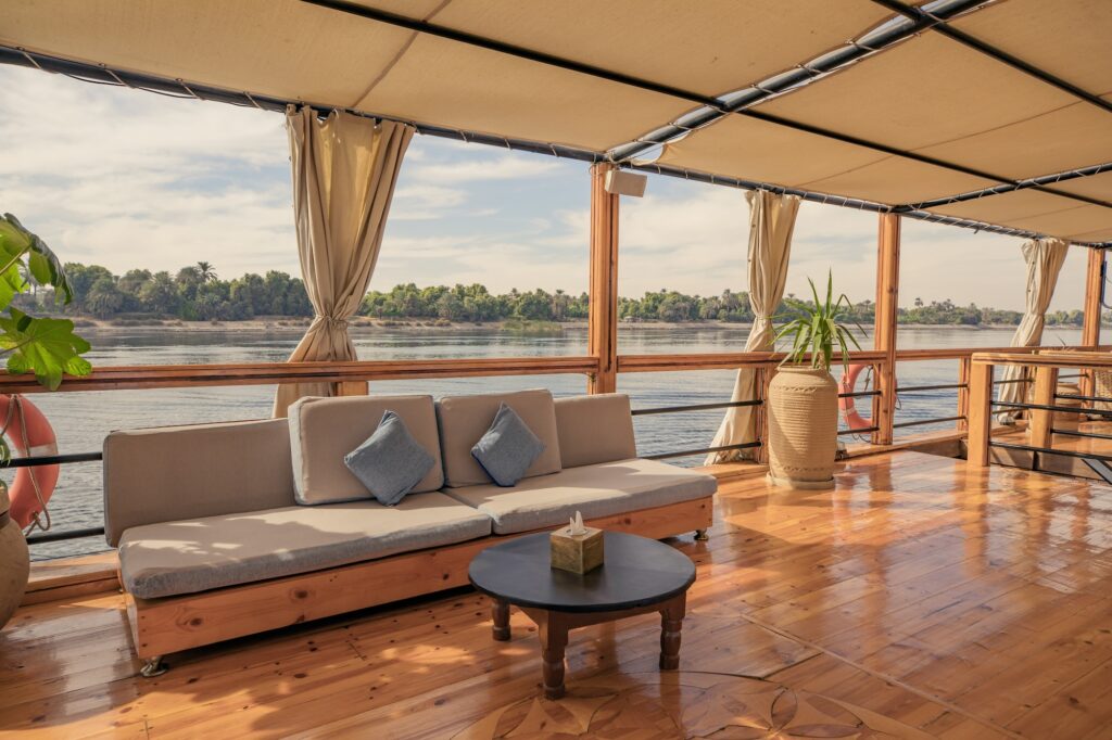 Comfortable seating area on Nuut or Nuun Dahabiya sun deck