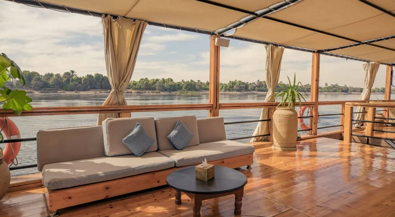 Comfortable seating area on Nuut or Nuun Dahabiya sun deck