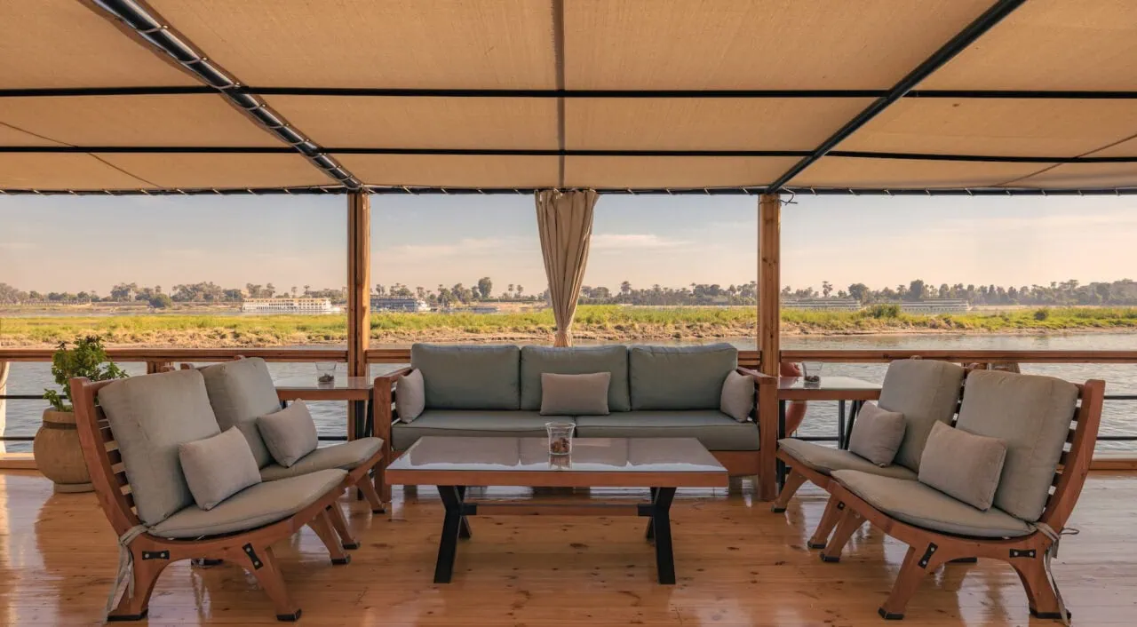 Comfortable seating area on Nuut or Nuun Dahabiya sun deck