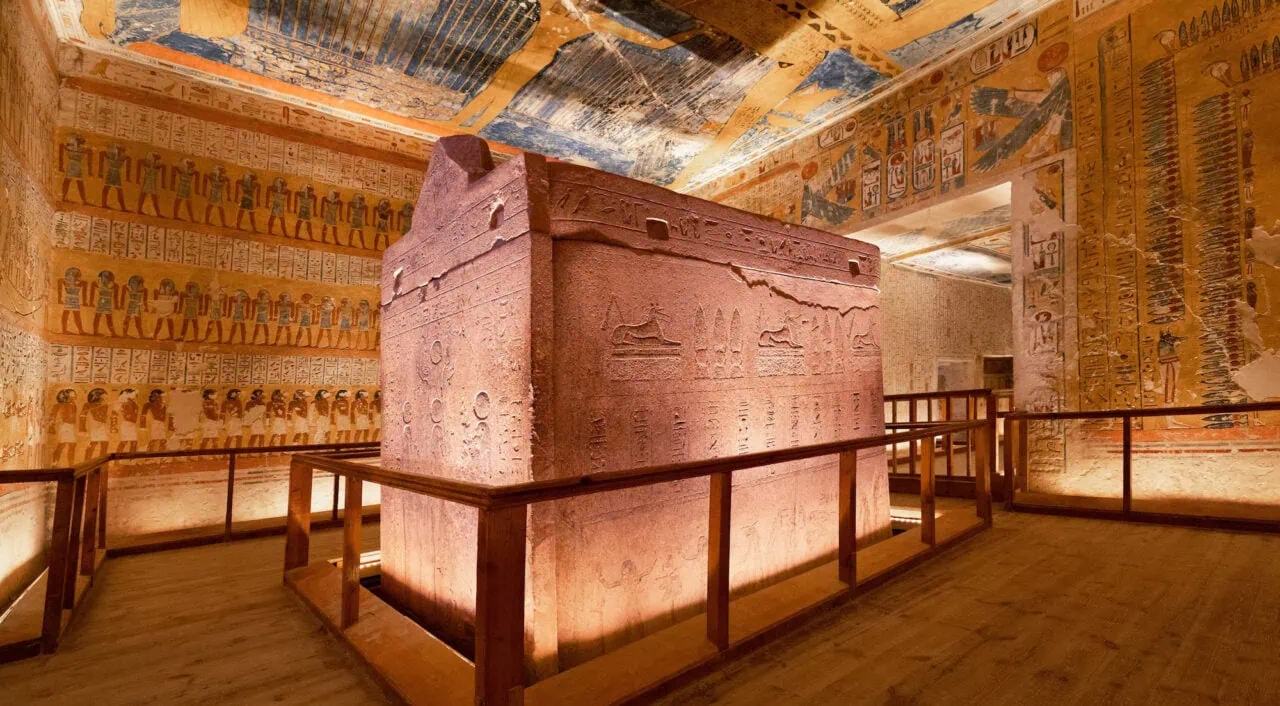 Tomb of King Tut in the Valley of the Kings – view of Tutankhamun’s burial chamber with ancient wall paintings
