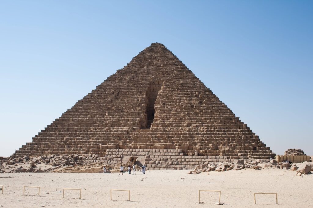 Pyramid of Menkaure standing on the desert plateau at Giza Plateau, Giza