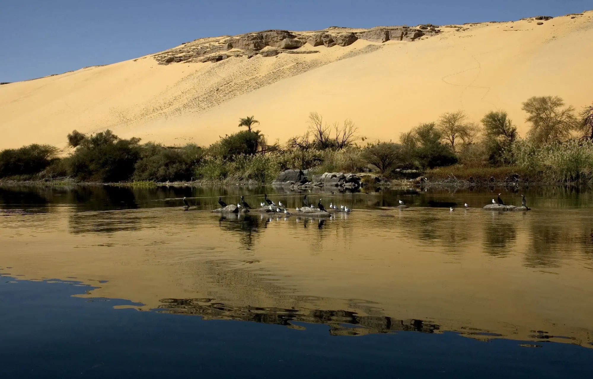 Nile River flowing through Egyptian desert with sand dunes