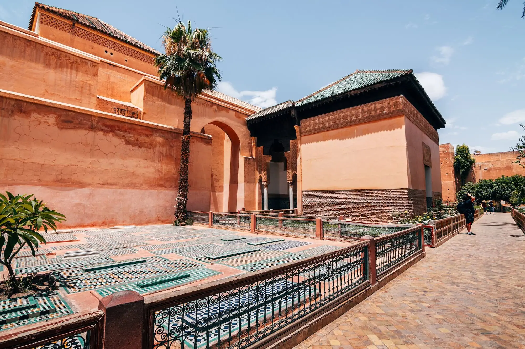 Ornate Islamic architecture at the Saadian Tombs in Marrakech with geometric patterns and mosaic tiles
