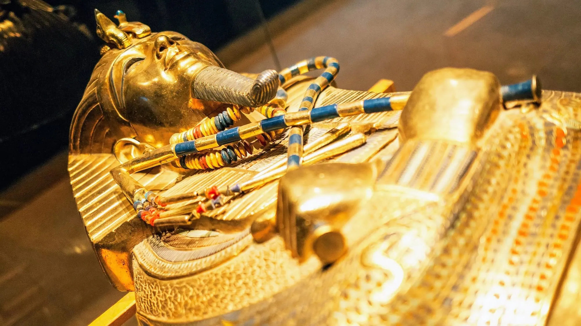 King Tutankhamun's golden sarcophagus and death mask on display in museum