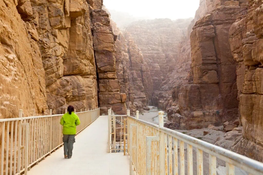 Mujib Nature Reserve canyon landscape with steep sandstone cliffs and flowing river in the Rift Valley near the Dead Sea, Karak