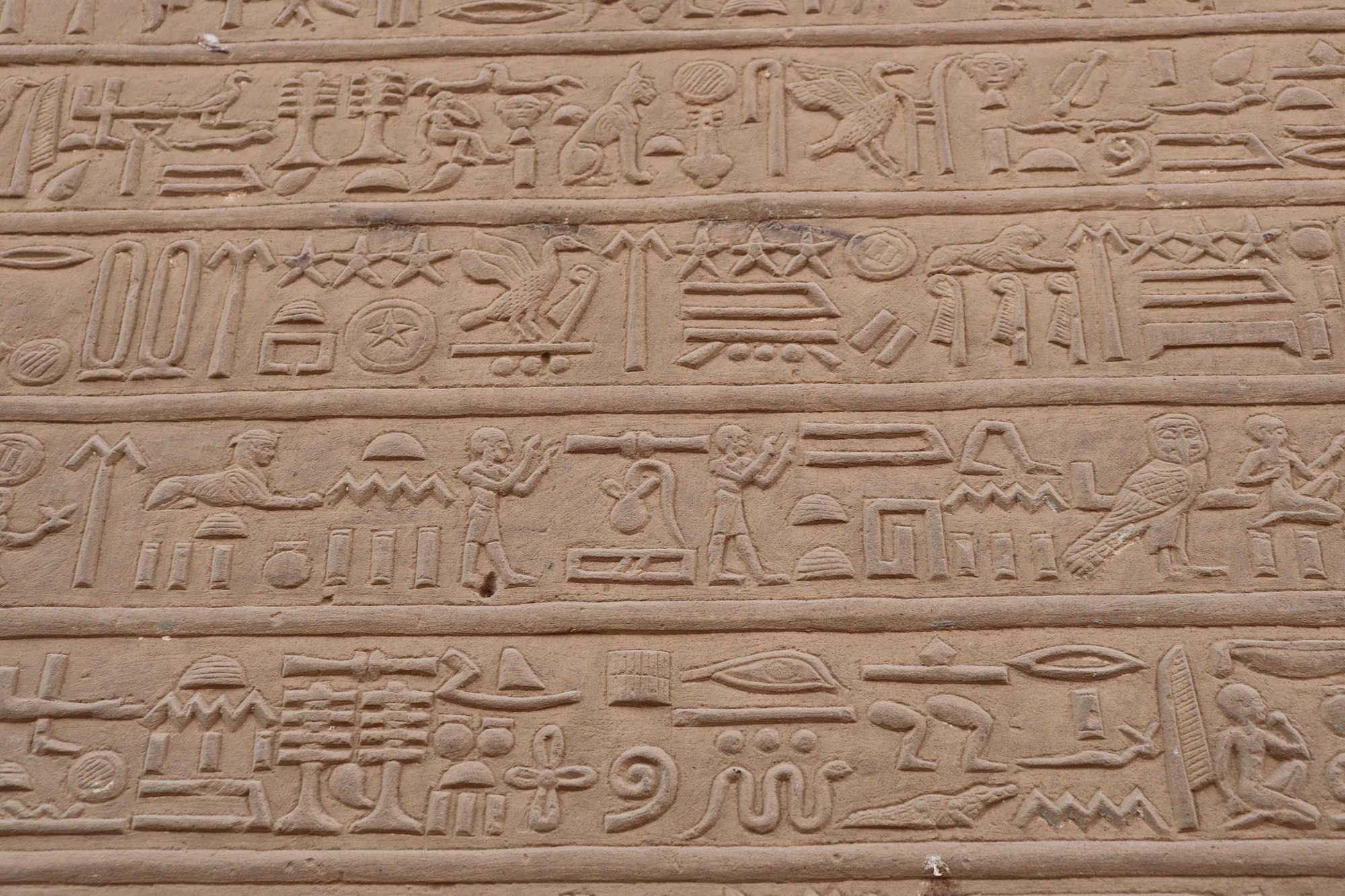 Hieróglifos egípcios antigos mostrando figuras humanas e animais esculpidos em parede de pedra