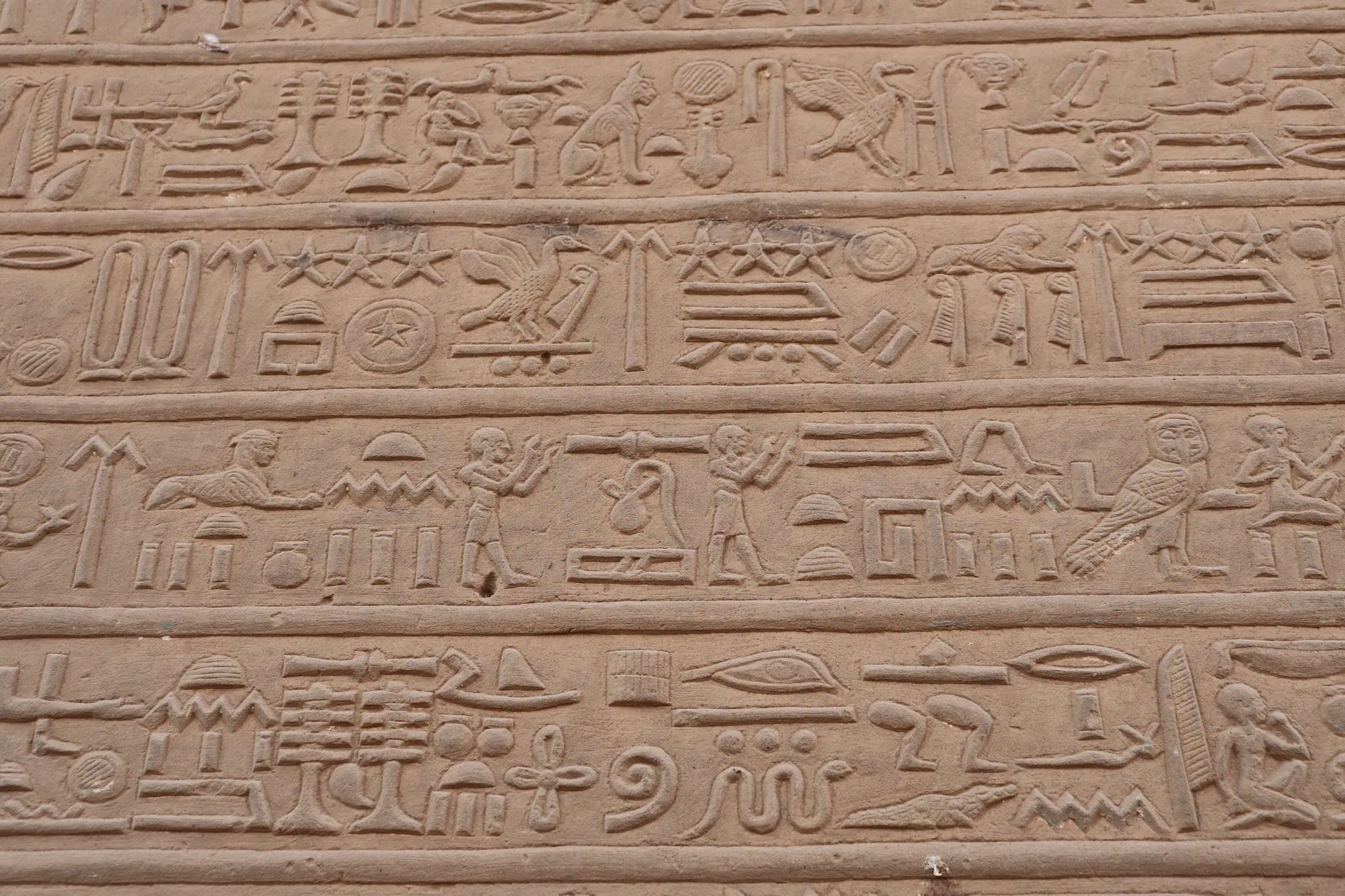 Hieróglifos egípcios antigos mostrando figuras humanas e animais esculpidos em parede de pedra