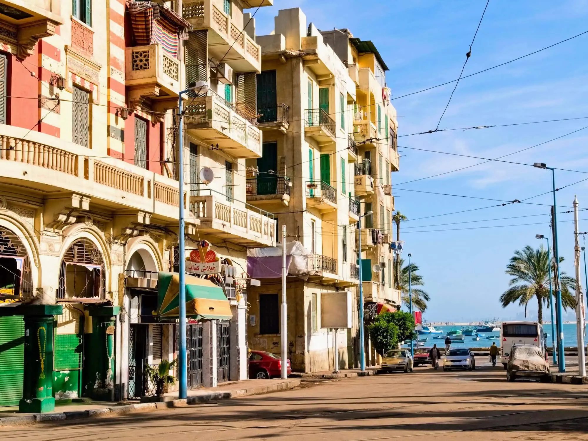 Mediterranean coastal street in Alexandria with palm trees, buildings, and sea view