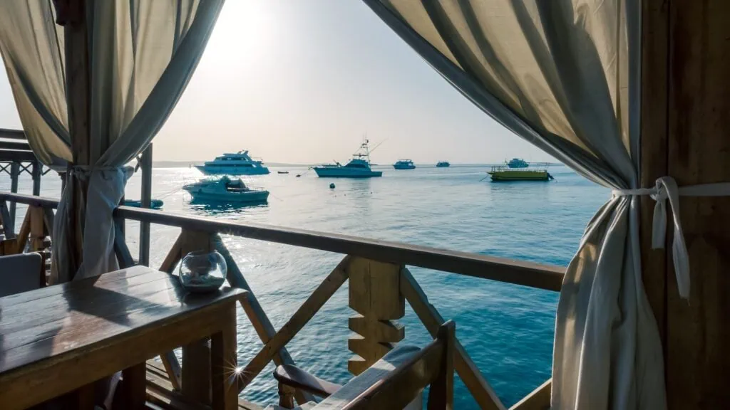 View from a restaurant terrace overlooking ships on the Red Sea, Hurghada
