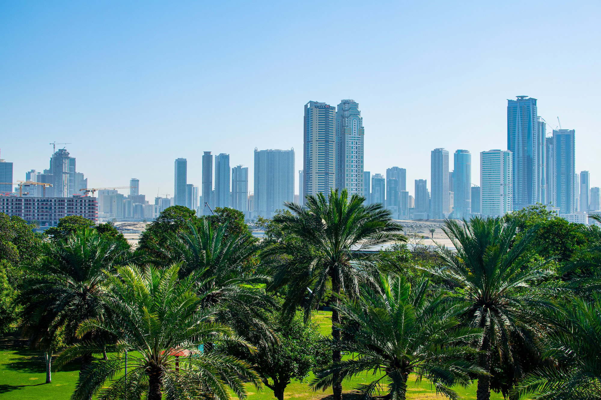 view of Sharjah Skyscraper from Al Mamzar Beach Dubai leisure park