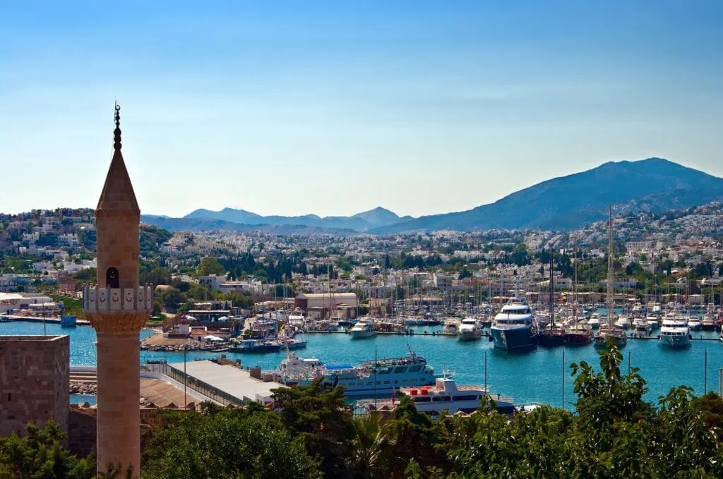 Bodrum city view with whitewashed buildings and marina along the Aegean coastline Bodrum