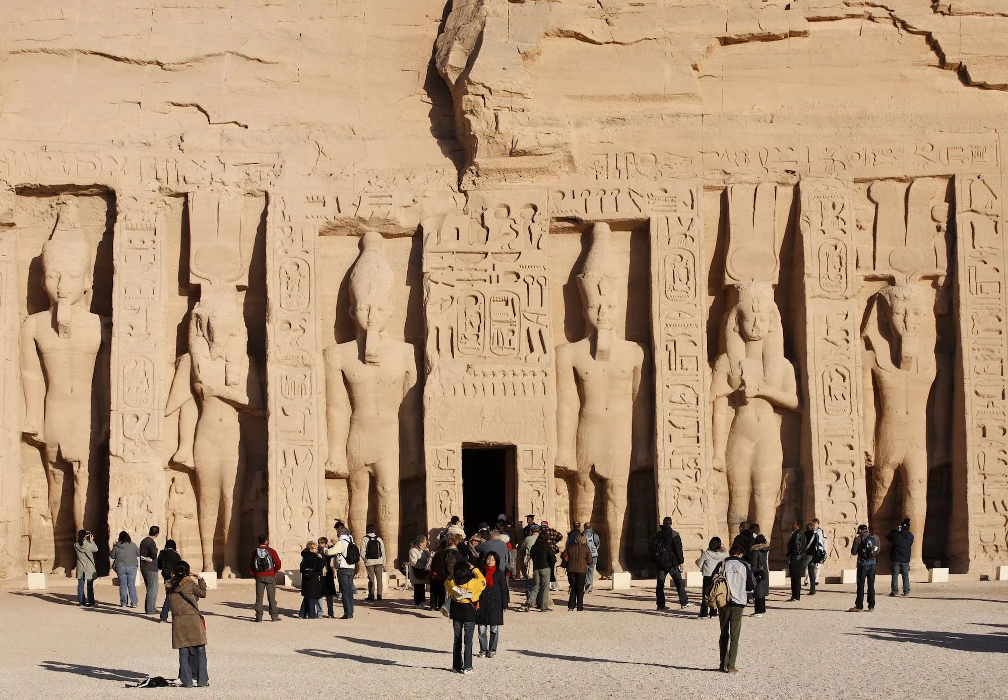 Ancient Temple of Nefertari at Abu Simbel showing carved statues and hieroglyphic decorations