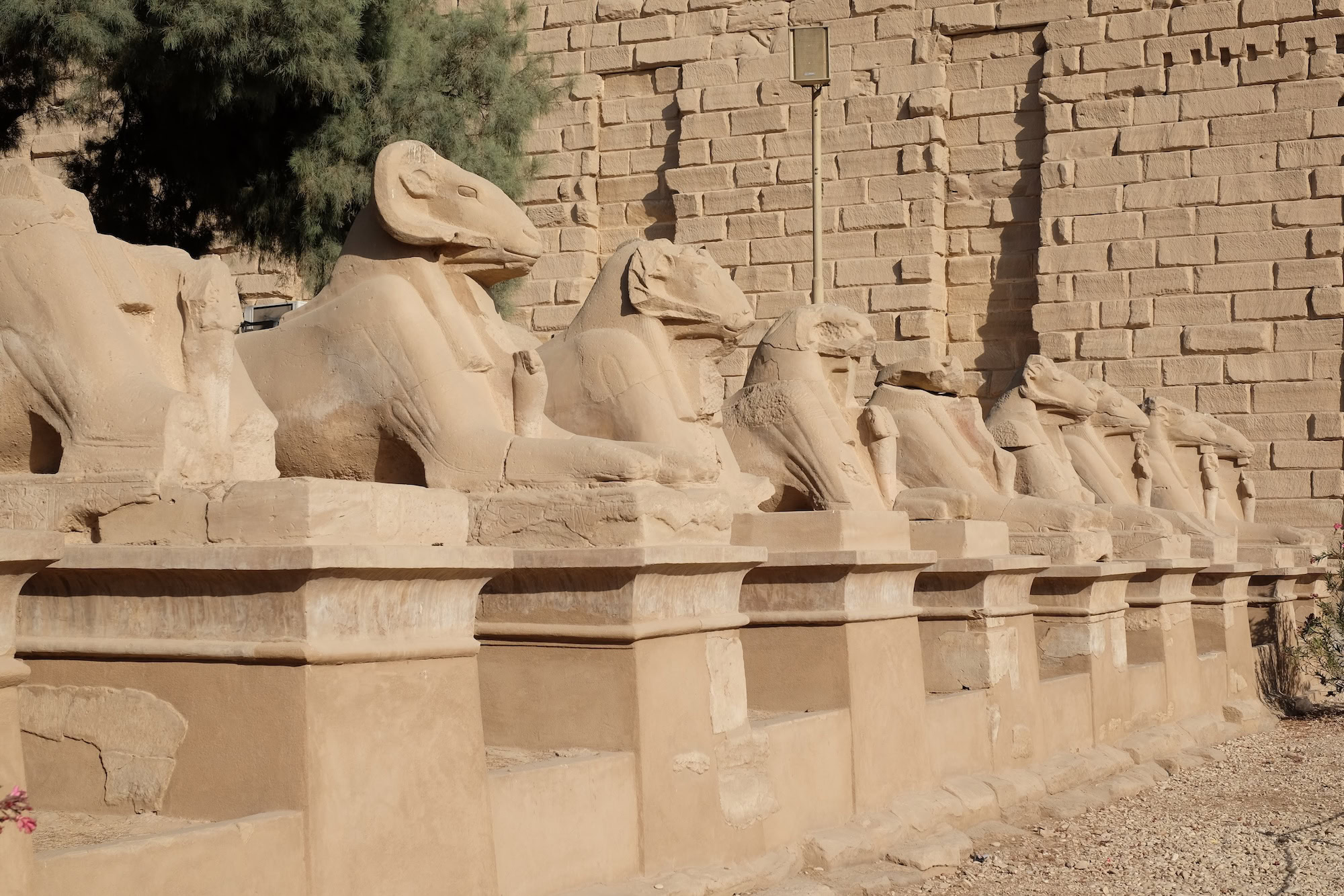 Ram-headed sphinx statues lining the Avenue of Sphinxes at Karnak Temple complex
