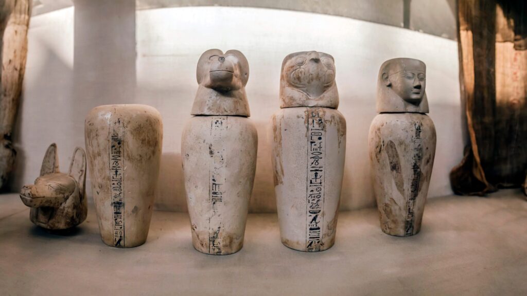 Canopic jars used in Ancient Egyptian mummification to preserve internal organs