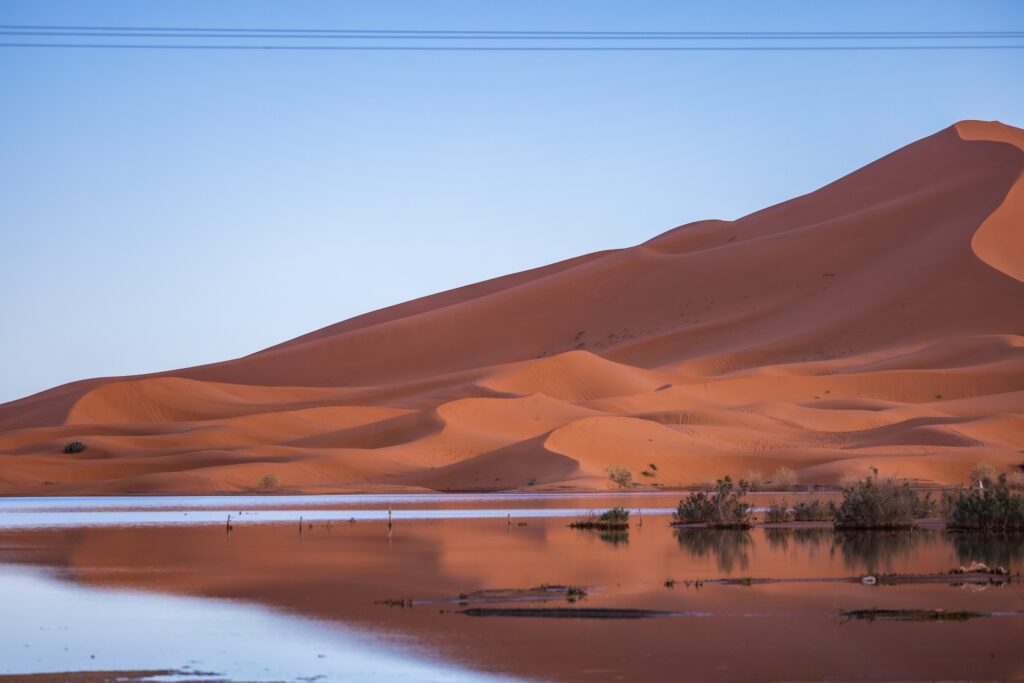 Merzouga desert Moroccan Sahara desert with Yasmina lake