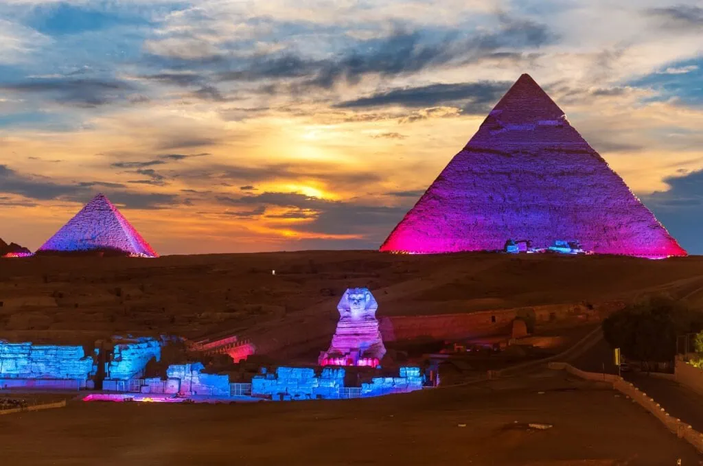 The Great Pyramids and the Great Sphinx illuminated during the sound and light show on the Giza Plateau, Giza