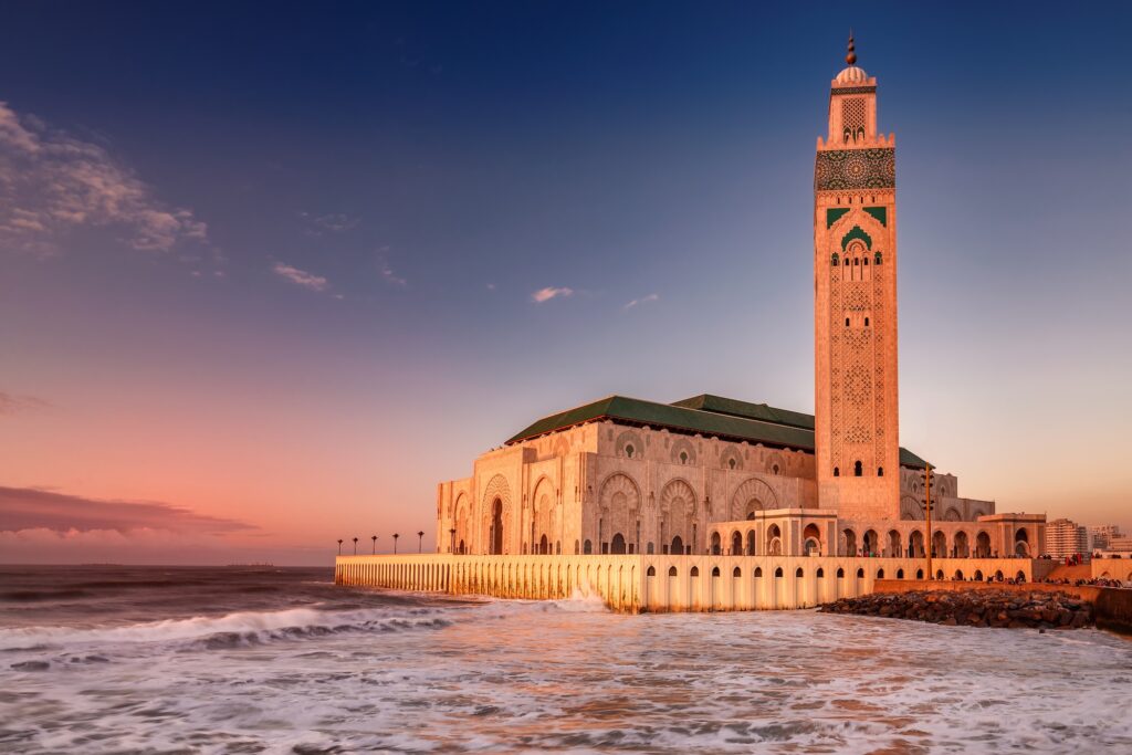 The Hassan II Mosque largest mosque in Morocco. Shot after sunset at blue hour in Casablanca