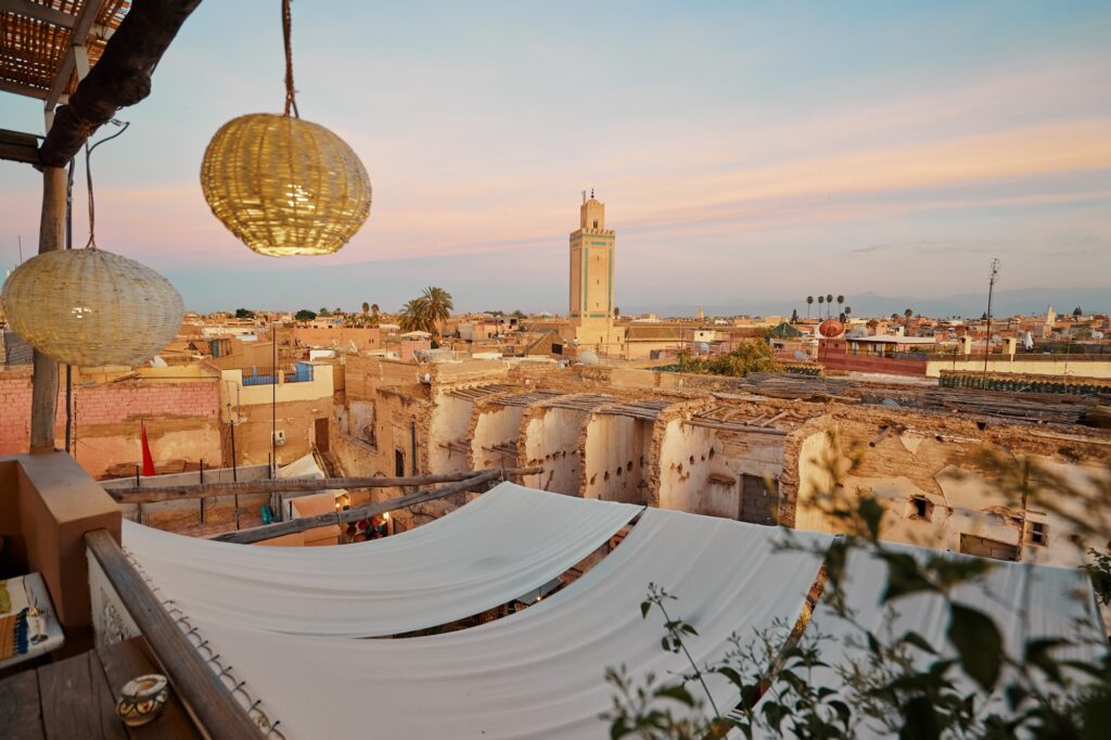 View of Marrakesh Old Town from the roof top terrace. Marrakech Medina Morocco