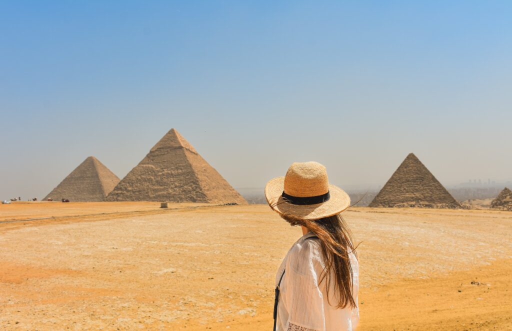 Woman enjoying the view of the Giza Pyramids